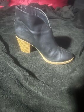 Women's Black Ankle Booties with Tan Stacked Heel